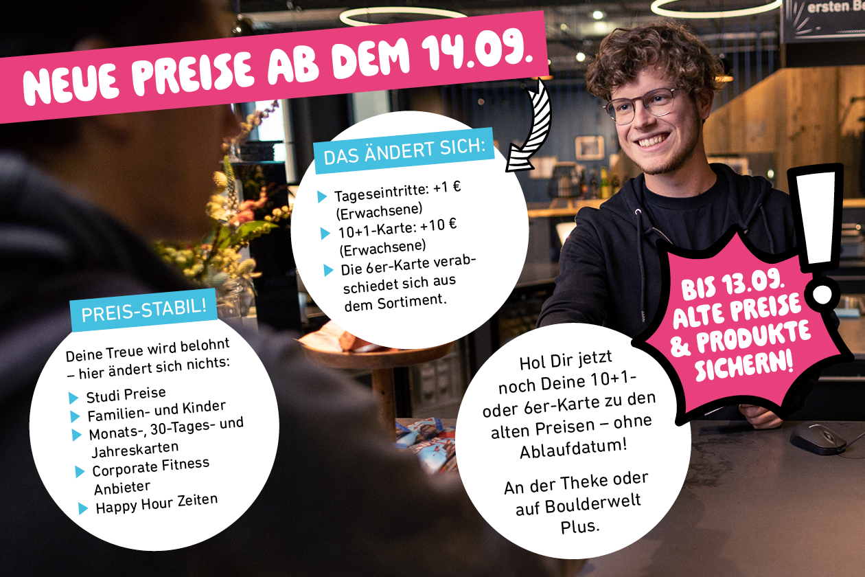 Neue Preise ab dem 14.09. @ Boulderwelt Frankfurt